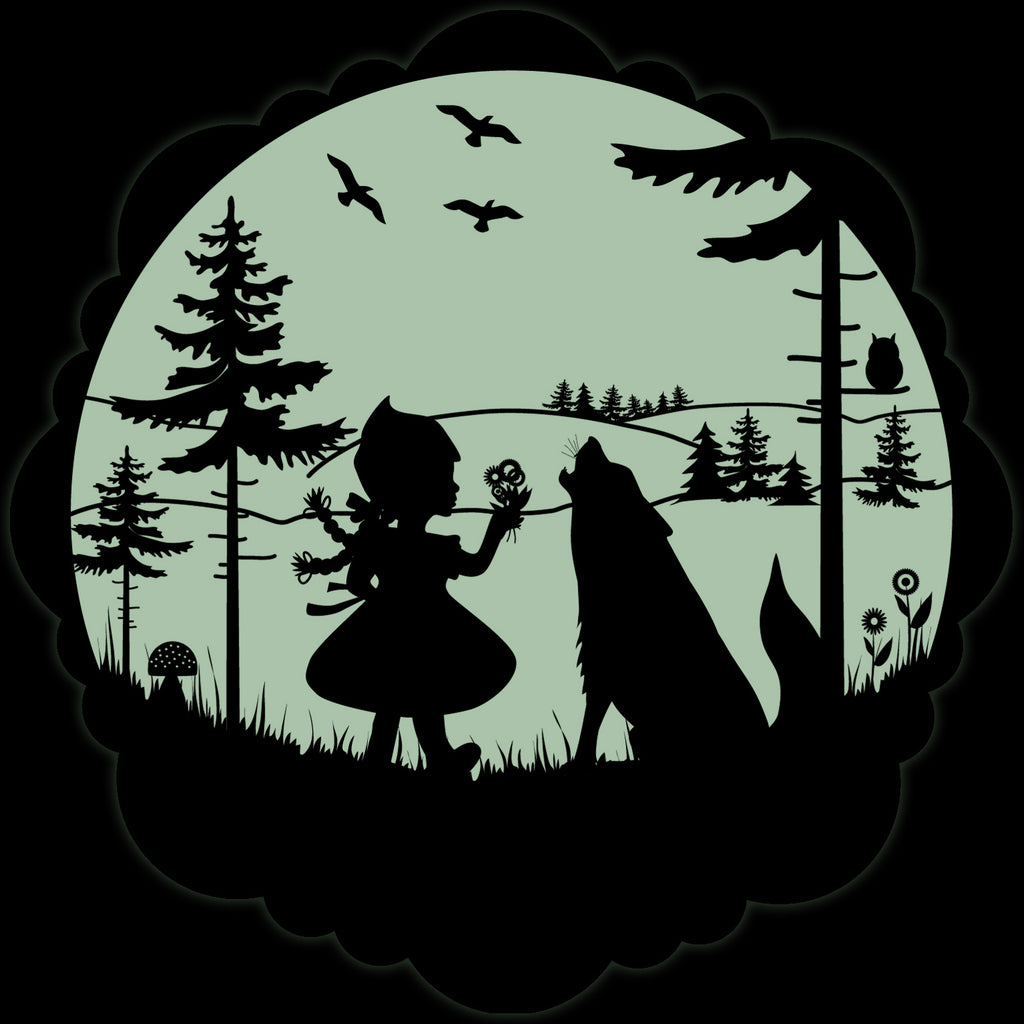 Märchenaufkleber Rotkäppchen 30 cm im Dunkeln: Silhouette von Rotkäppchen und Wolf vor grünlich leuchtendem Mond