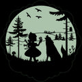 Märchenaufkleber Rotkäppchen 30 cm im Dunkeln: Silhouette von Rotkäppchen und Wolf vor grünlich leuchtendem Mond