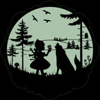 Märchenaufkleber Rotkäppchen 30 cm im Dunkeln: Silhouette von Rotkäppchen und Wolf vor grünlich leuchtendem Mond