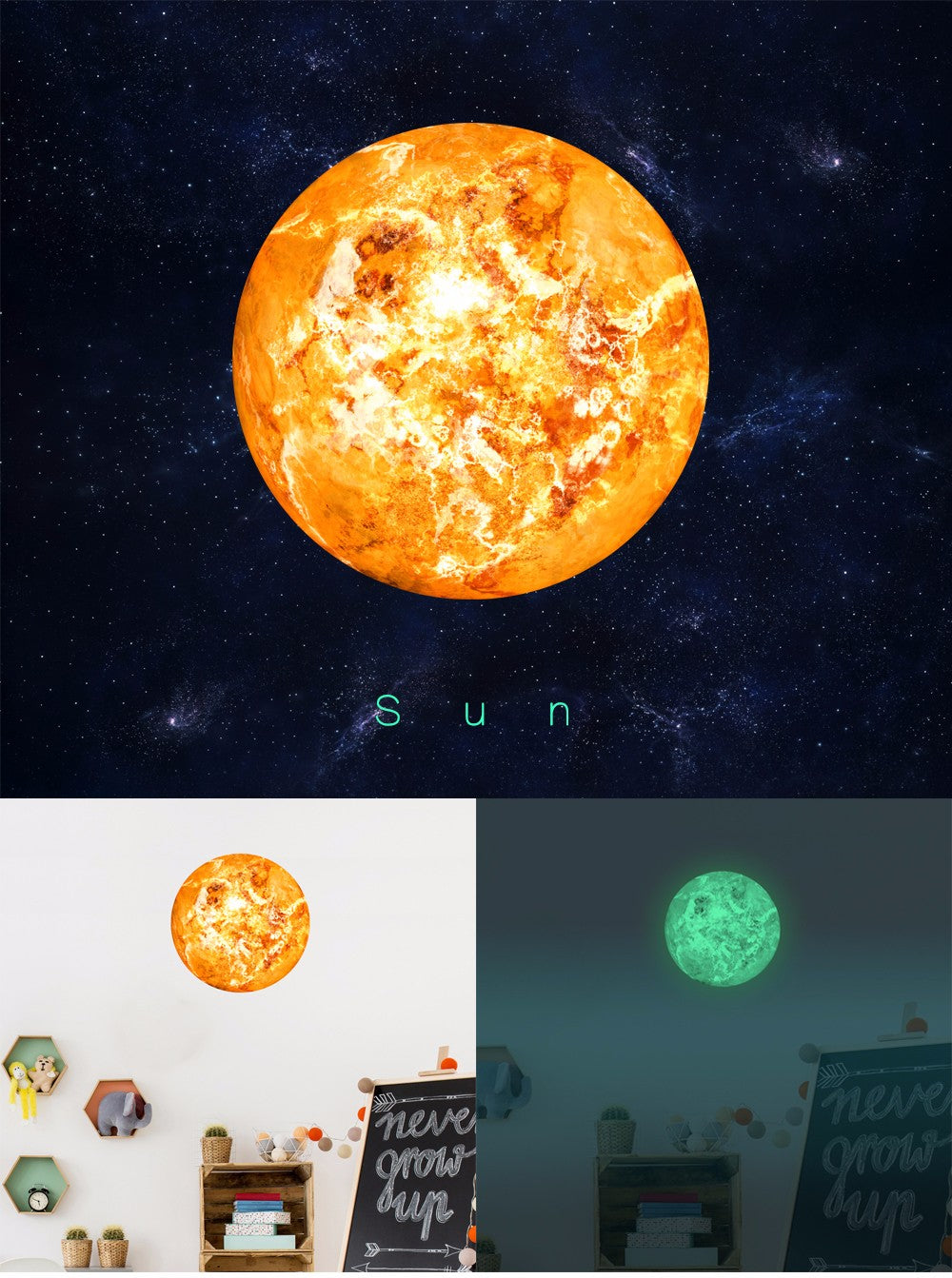 Planeten-Aufkleber Sonne: Sonne auf Sternenhimmel, darunter Kinderzimmerwand bei Licht und im Dunkeln grün leuchtend