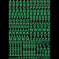 Leuchtaufkleber Buchstaben und Zahlen, DIN-A4-Bogen mit Großbuchstaben, Ziffern und Satzzeichen in Grün auf schwarzem Grund