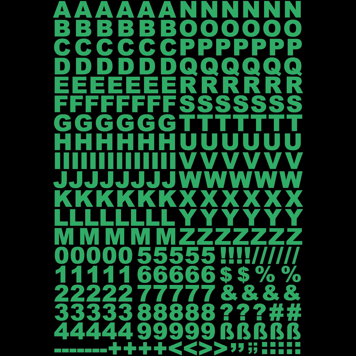 Leuchtaufkleber Buchstaben und Zahlen, DIN-A4-Bogen mit Großbuchstaben, Ziffern und Satzzeichen in Grün auf schwarzem Grund