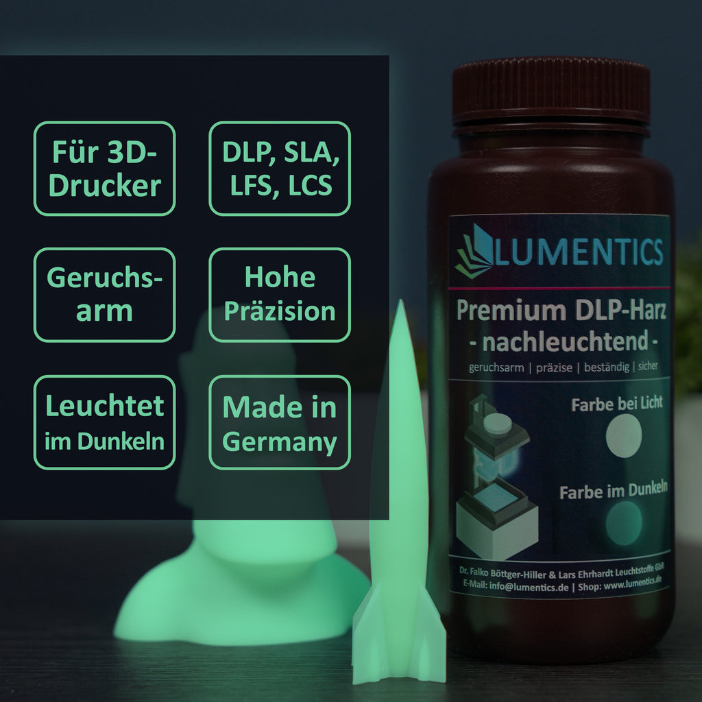 3D-Druckharz Grün 500 g: Flasche mit Stichpunkten zu Druckerarten DLP, SLA, LFS, LCS, daneben grün leuchtende Drucke