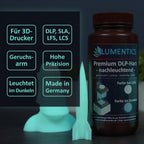 3D-Druckharz Grünblau 500 g mit Raketen- und Moai-Modell, Grafik mit Stichpunkten zu Druckertypen und Eigenschaften