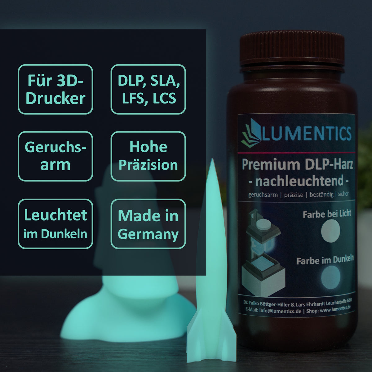 3D-Druckharz Grünblau 500 g mit Raketen- und Moai-Modell, Grafik mit Stichpunkten zu Druckertypen und Eigenschaften